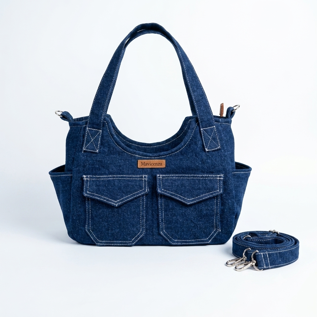 Mavicenza Çok Cepli Denim Omuz ve Çapraz Askılı Çanta (30x22x12 cm)
