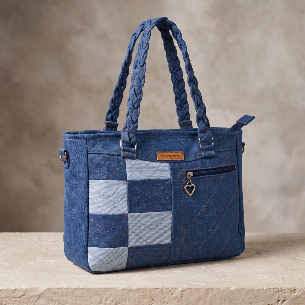 El Yapımı Patchwork Kot Omuz Çantası – 30x25x10 cm | Mavicenza